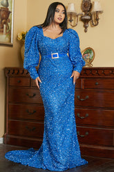 Vestido de noche formal de talla grande con mangas largas en azul